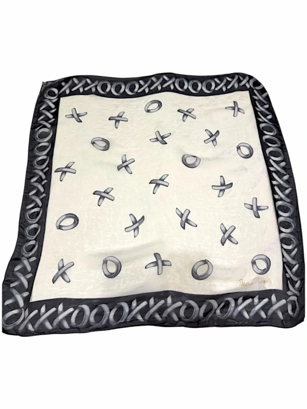 Vintage Paloma Picasso XOXO Silk Scarf Black Beige Hugs & Kisses Italy